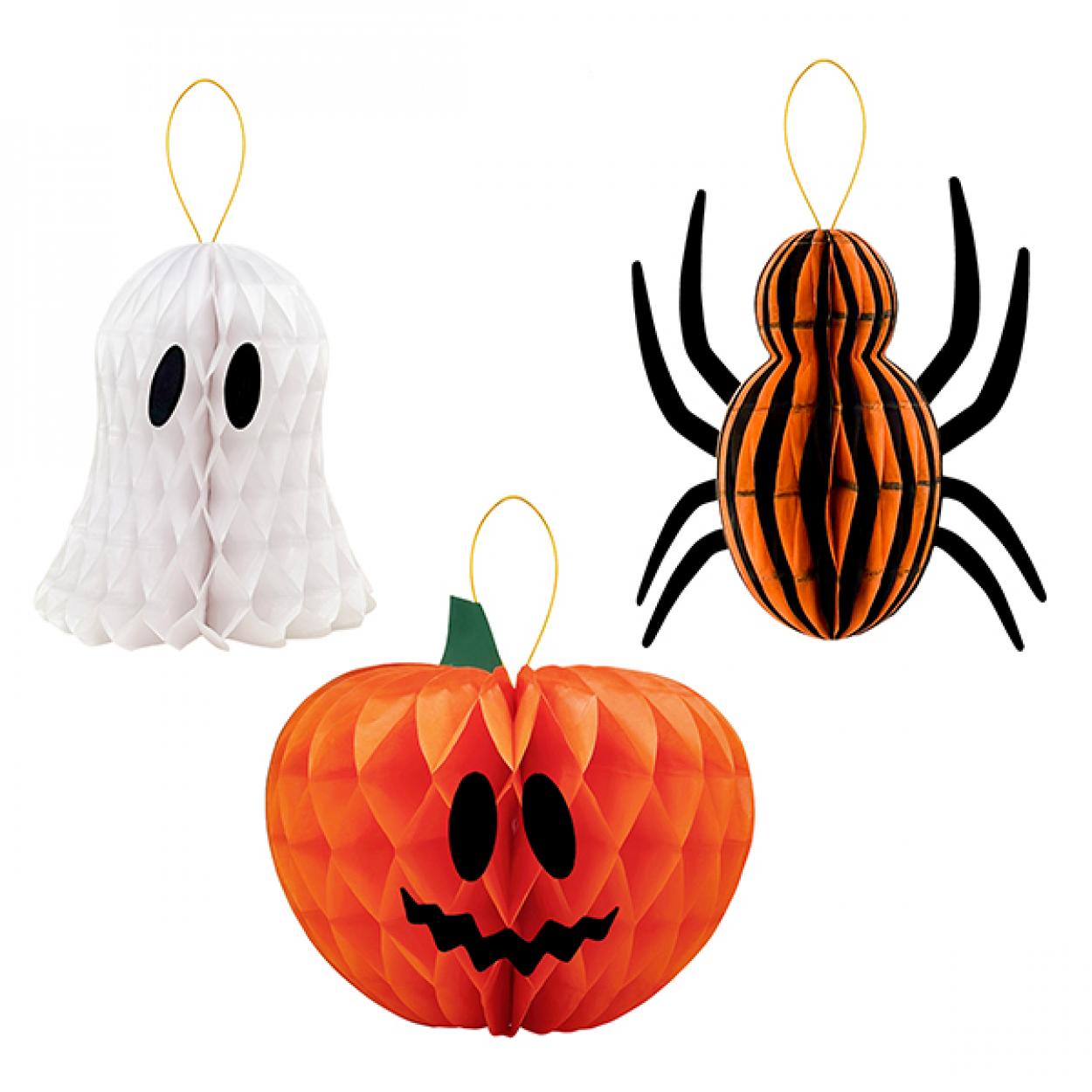 SET 3 DECORAZIONI CARTA A NIDO D'APE HALLOWEEN RAGNO ZUCCA FANTASMA 15 CM 40884
