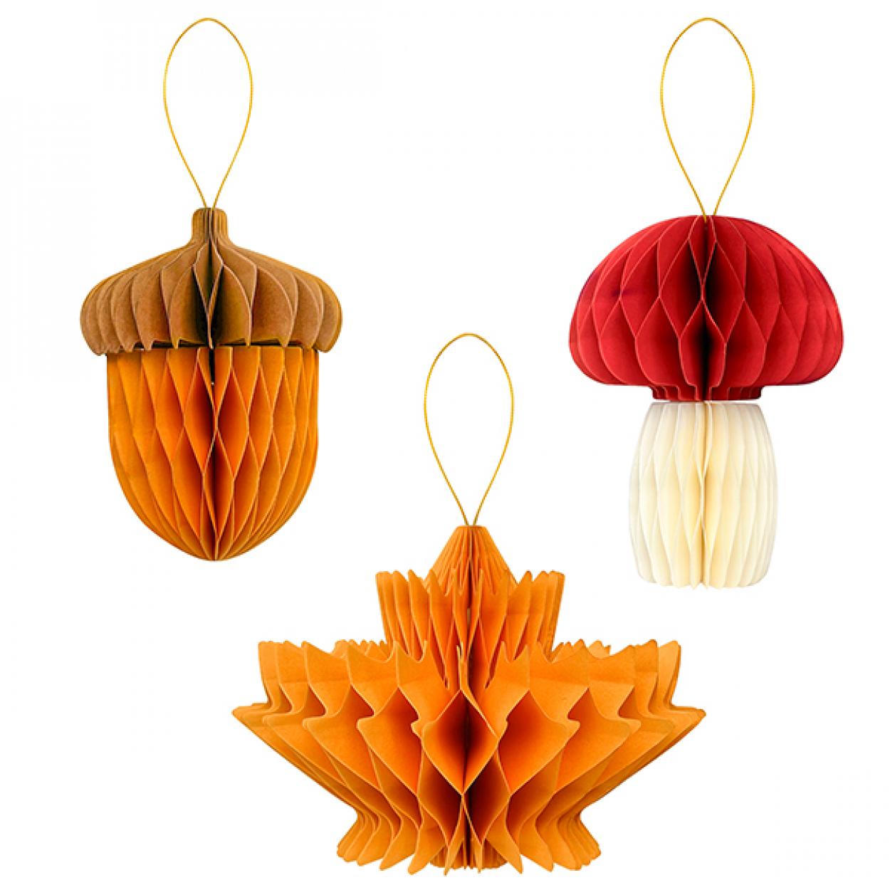 SET 3 DECORAZIONI CARTA AUTUNNO FOGLIA FUNGO GHIANDA 15 CM 40883