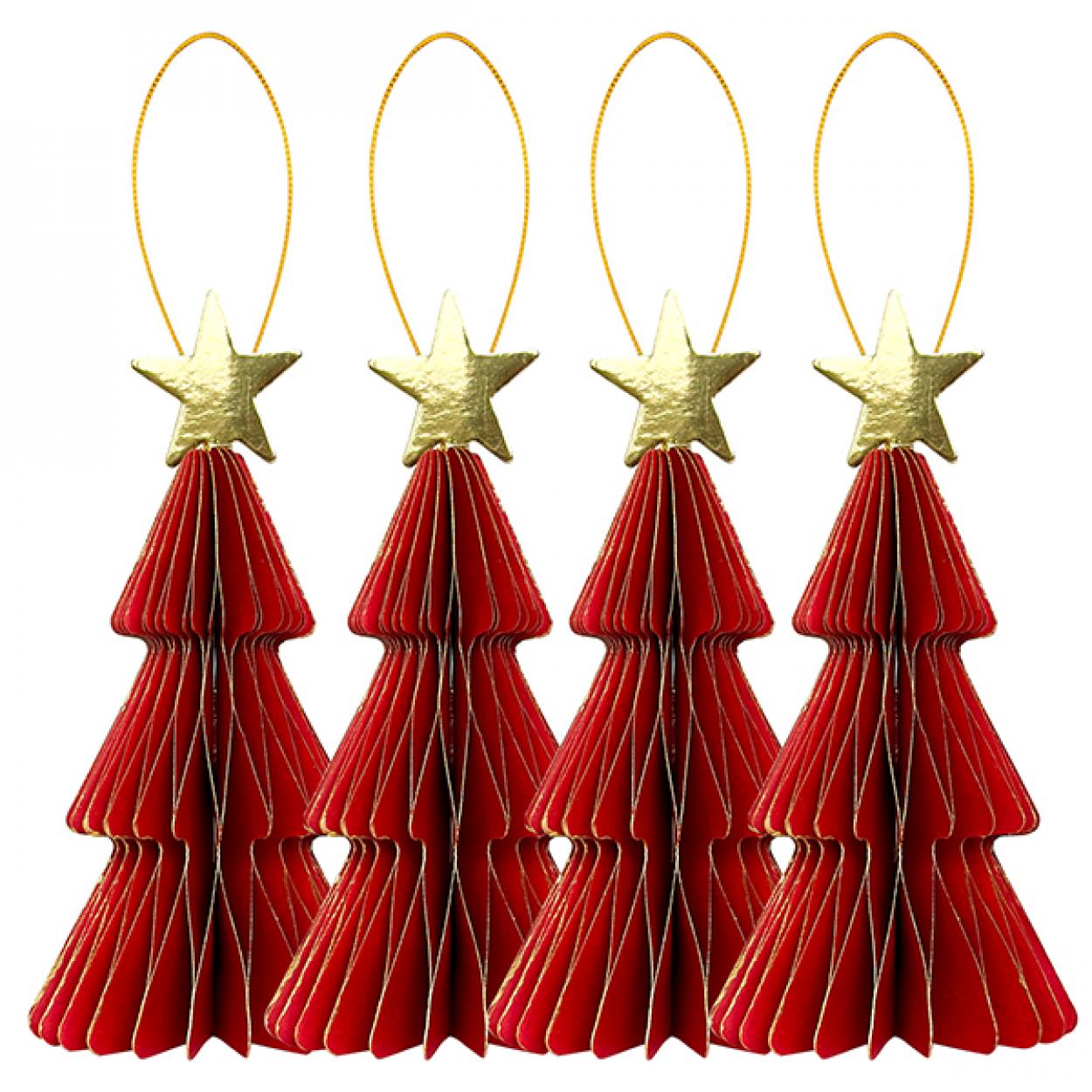 4 DECORAZIONI NATALIZIE ALBERO IN CARTA A NIDO D'APE CM10 ROSSO CON STELLA 40838