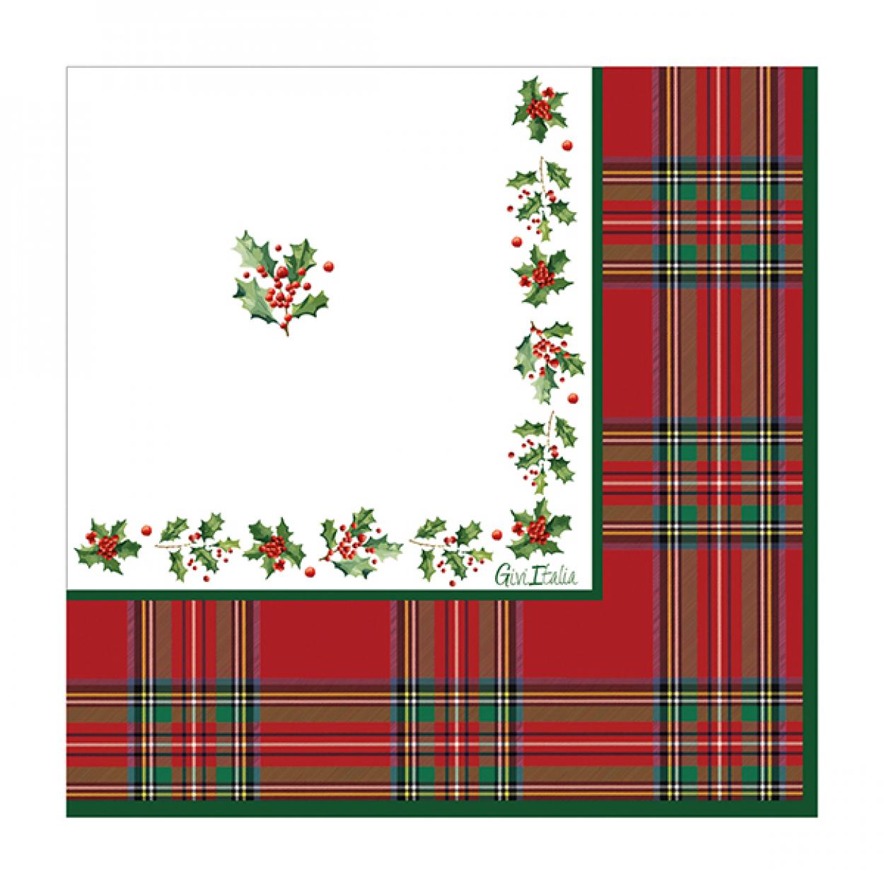 16 TOVAGLIOLI NATALE CON FANTASIA SCOZZESE E AGRIFOGLIO 33X33 CM 64787