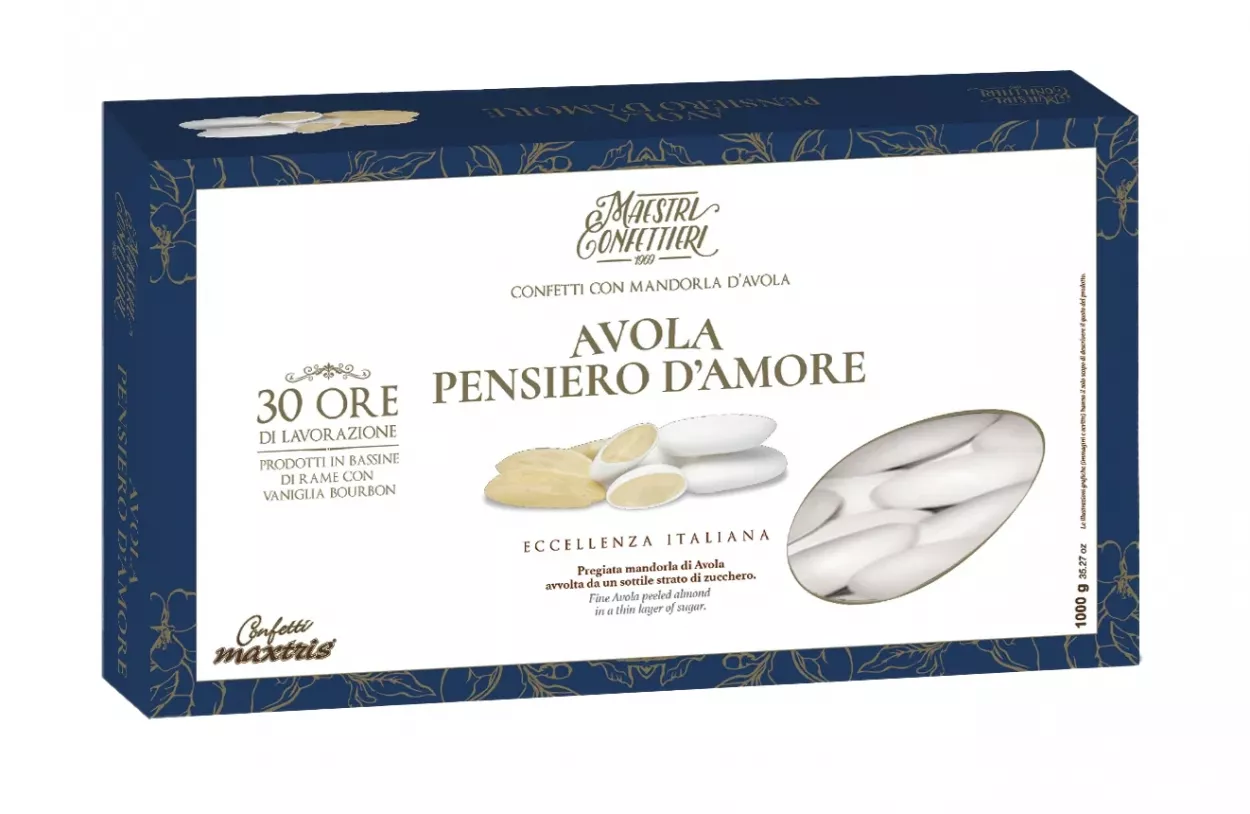 CONFETTI MAXTRIS CON MANDORLA DI AVOLA PENSIERO D'AMORE BIANCO 1 KG PZ250