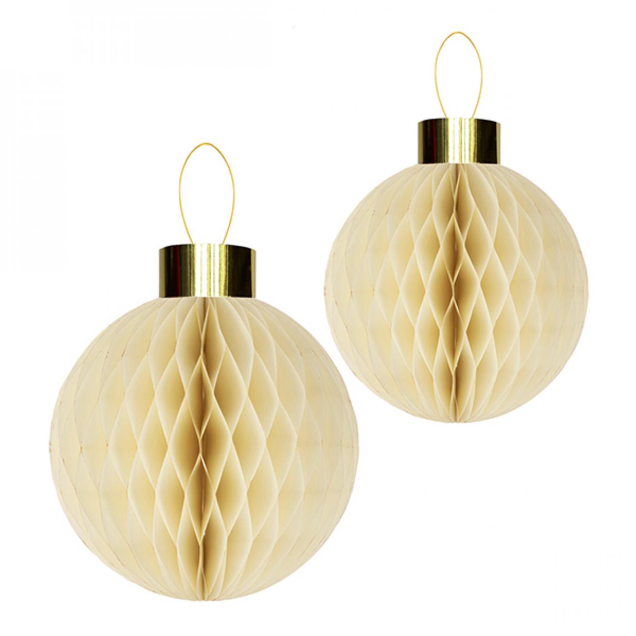 2 DECORAZIONI NATALIZIE PALLA IN CARTA A NIDO D'APE AVORIO CM30/40 40858