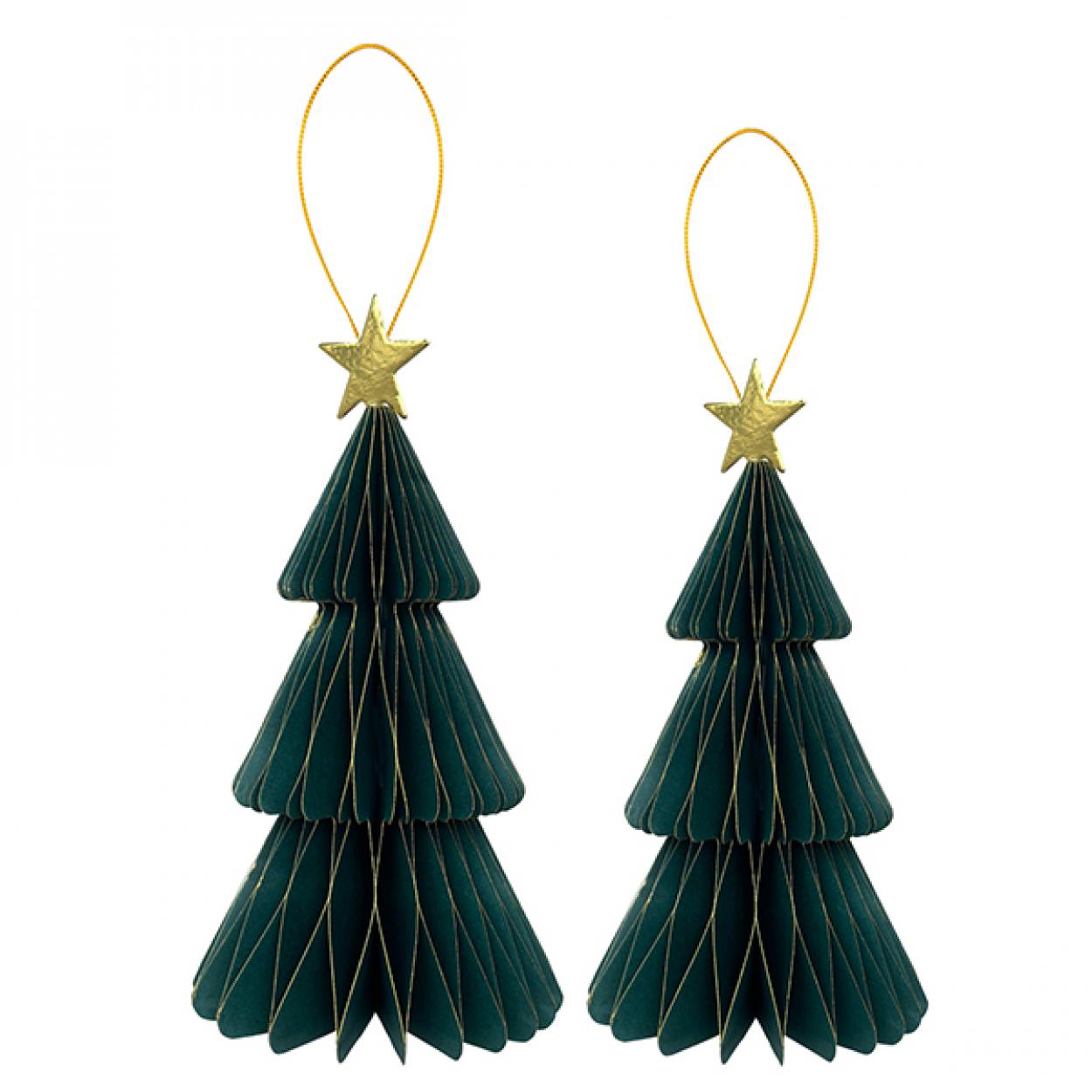 2 DECORAZIONI NATALIZIE ALBERO IN CARTA A NIDO D'APE VERDE CM20/25 CON STELLA 40833