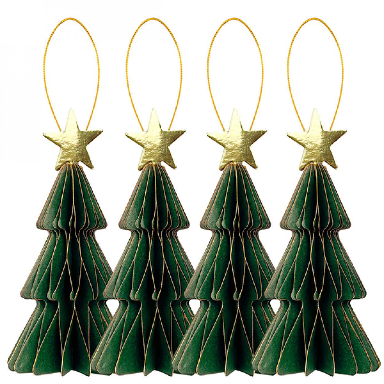 4 DECORAZIONI NATALIZIE ALBERO IN CARTA A NIDO D'APE CM10 VERDE CON STELLA 40839