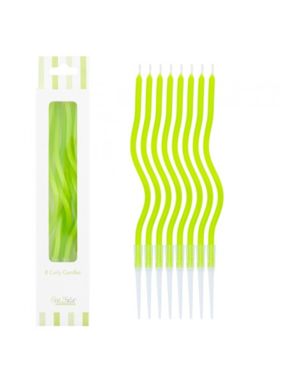 8 CANDELINE CURLY VERDE LIME CON SOSTEGNO 12.5 CM 53155