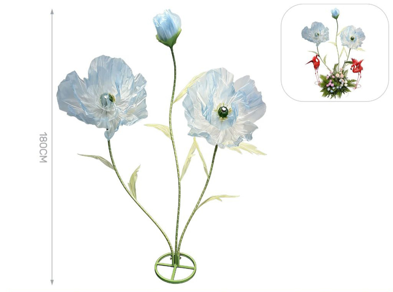 3 FIORI CELESTI E BIANCHI IN TULLE E METALLO H140-160-180 CM30-60-80 41765