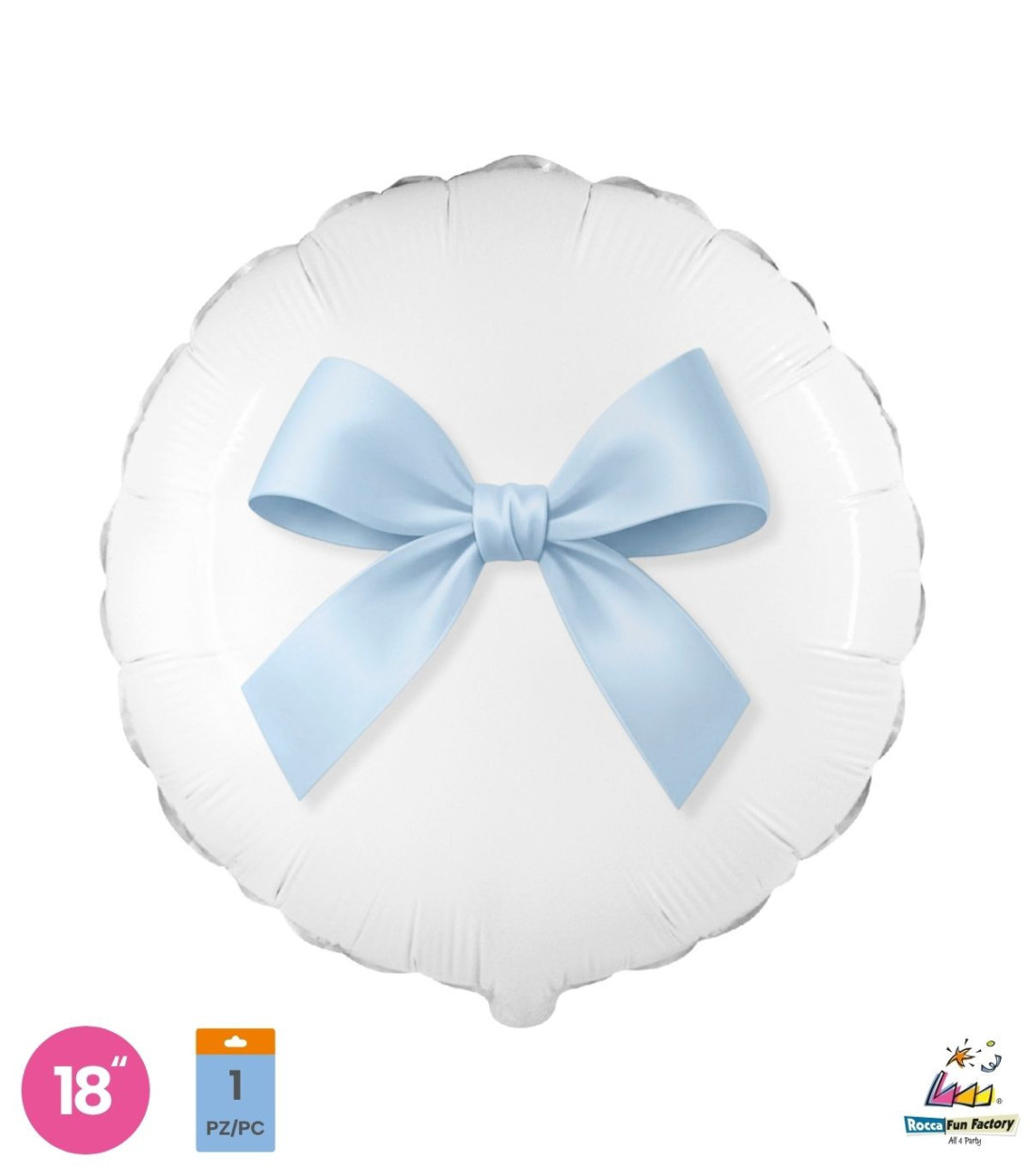 PALLONE FOIL 18" TONDO BIANCO CON FIOCCO CELESTE PAL2149-18