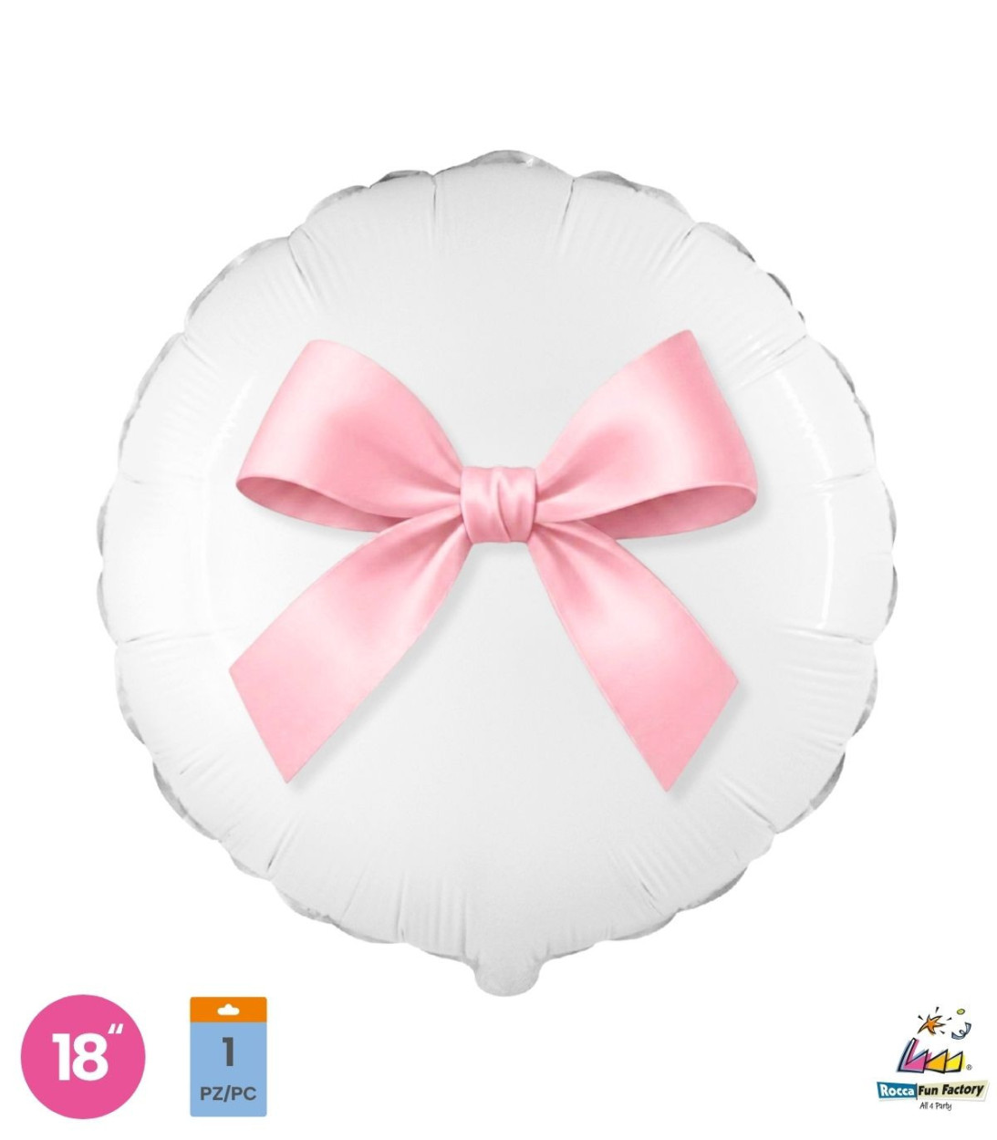 PALLONE FOIL 18" TONDO BIANCO CON FIOCCO ROSA PAL2152-18