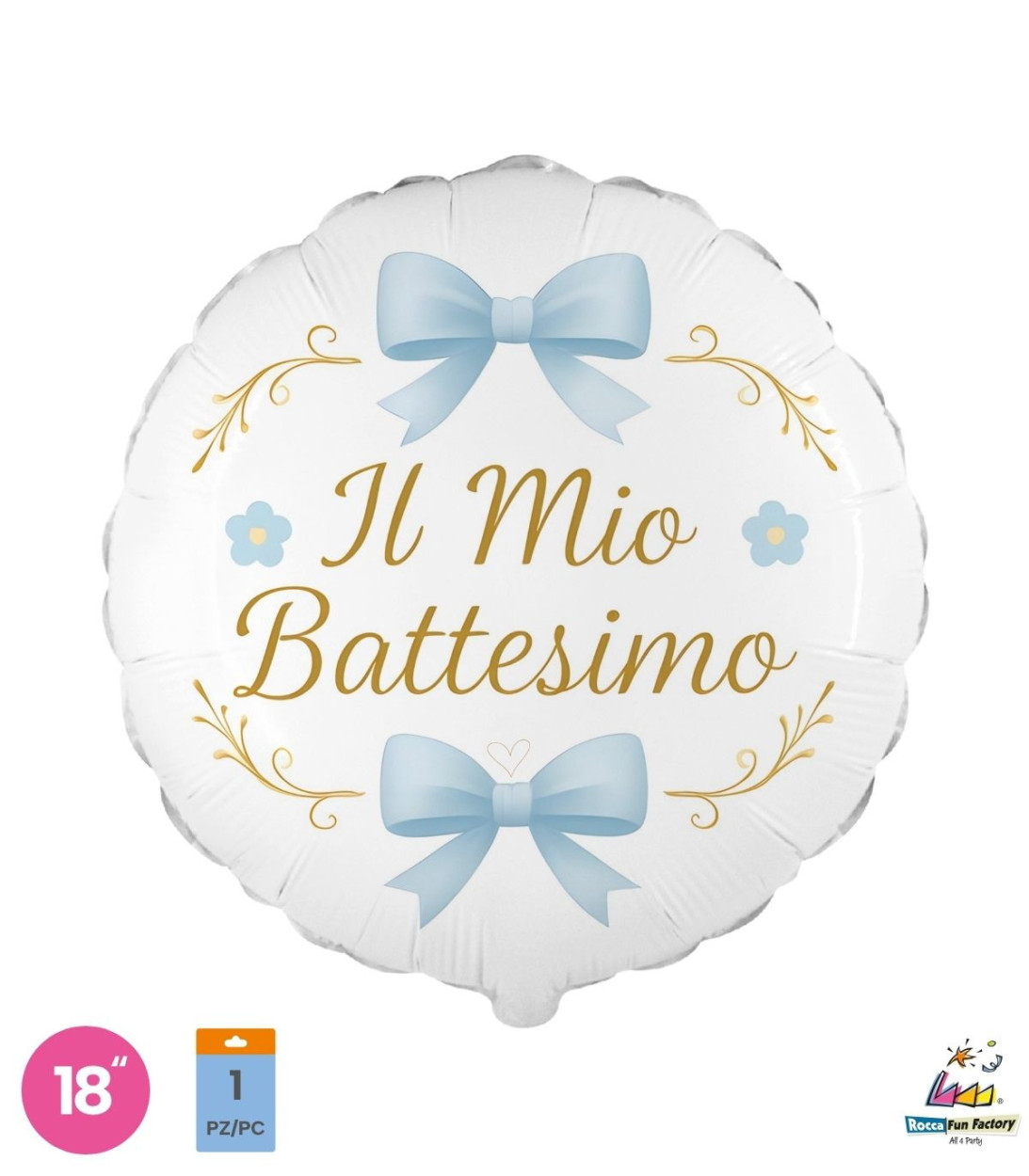 PALLONE FOIL 18" TONDO BIANCO BATTESIMO FIOCCO CELESTE PAL2130