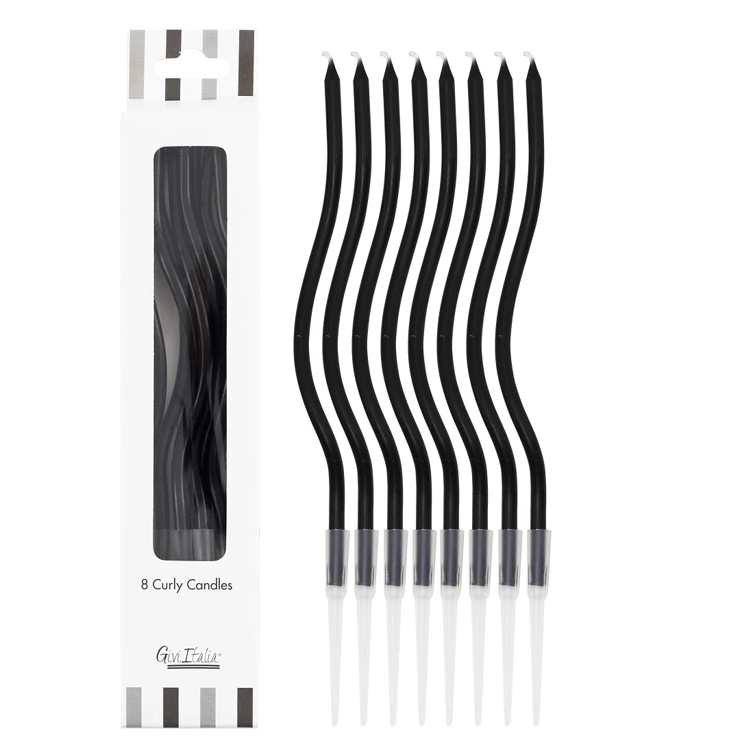 8 CANDELINE CURLY NERA CON SOSTEGNO 12.5 CM 53157