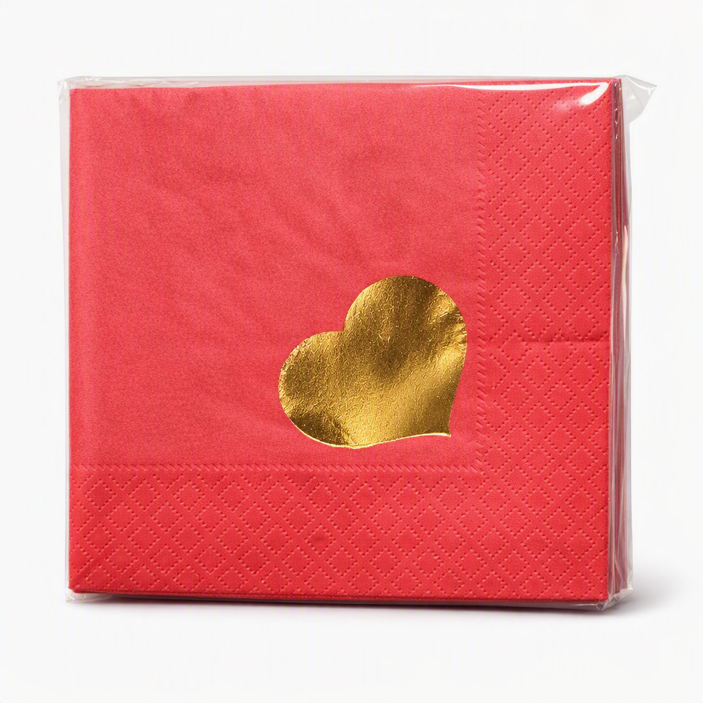 20 TOVAGLIOLI 25X25 ROSSI CUORE PIENO 3V STAMPA ORO