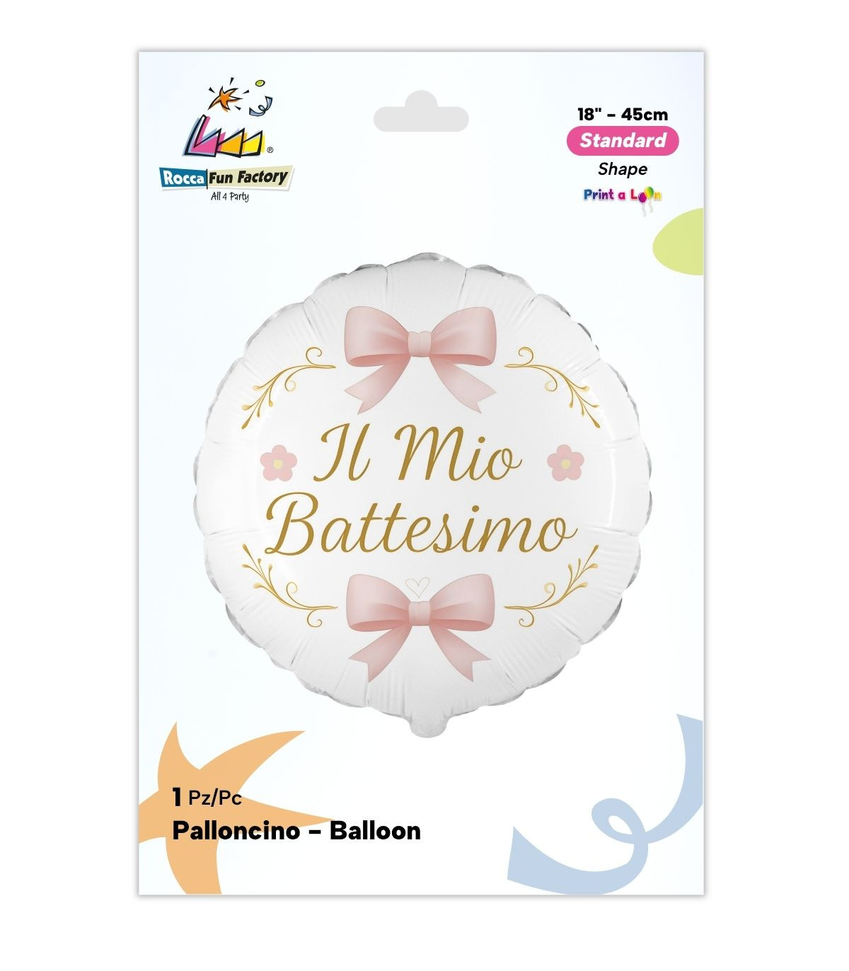 PALLONE FOIL 18" TONDO BIANCO BATTESIMO FIOCCO ROSA PAL2129 - Vista 2