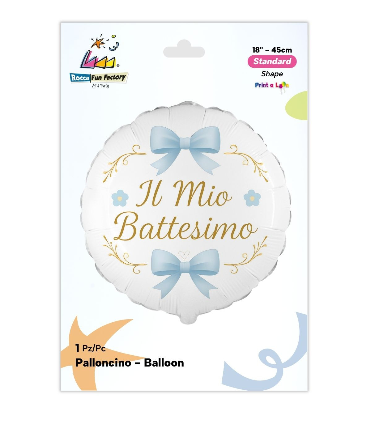 PALLONE FOIL 18" TONDO BIANCO BATTESIMO FIOCCO CELESTE PAL2130 - Vista 2